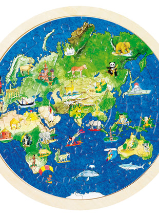 Goki puzzel wereldbol 57 stukken. Aan deze kant staan Europa, Afrika en Azië bedrukt. 