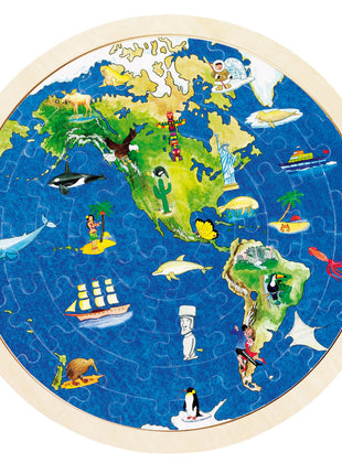 Goki puzzel wereldbol 57 stukken. Aan deze kant staan Noord- en Zuid-Amerika bedrukt. 